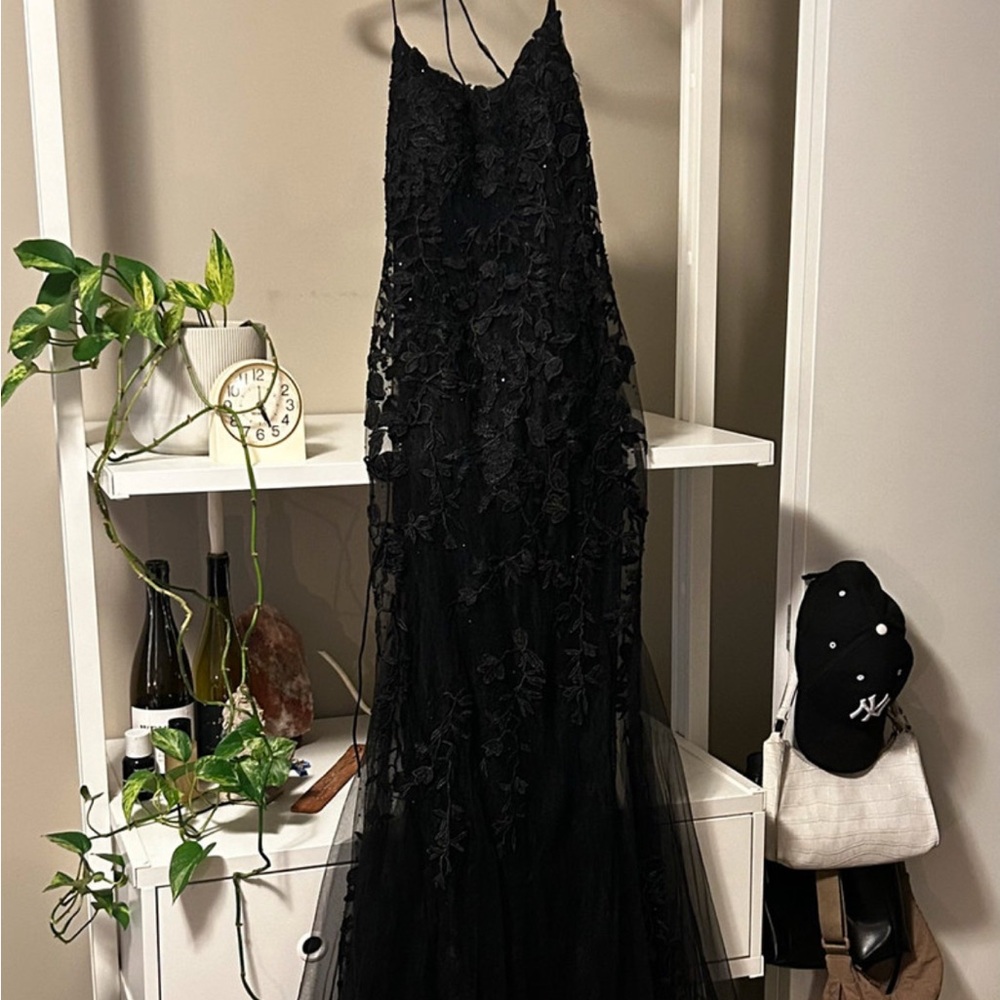 Black Floral Open Back Graduation Dress